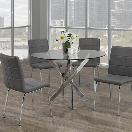 5 PC Dining Set Jann 44 inch Round Glass Table w/Chrome Legs and 4 Grey PU Chairs