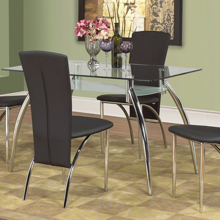 5-Piece Dining Set Tiered Glass table w/chrome legs and 4 Black Chairs