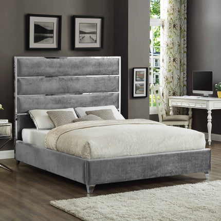 Clara Velvet Upholstered Bed w/Chrome Accents