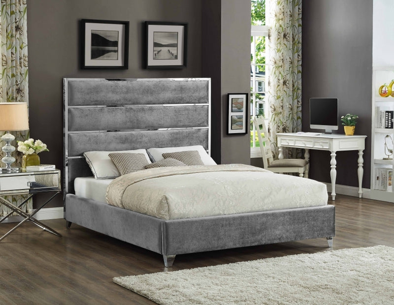 Clara Velvet Upholstered Bed w/Chrome Accents