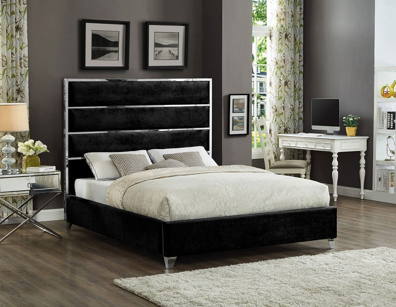 Clara Velvet Upholstered Bed w/Chrome Accents