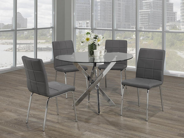 5 PC Dining Set Jann 44 inch Round Glass Table w/Chrome Legs and 4 Grey PU Chairs