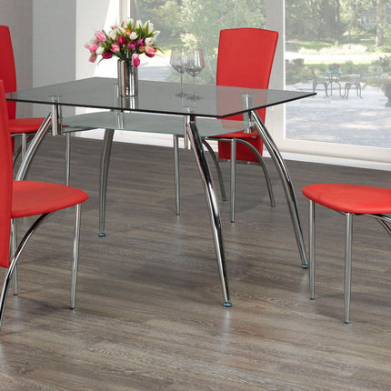 5-Piece Dining Set Tiered Glass table w/chrome legs and 4 Red Chairs