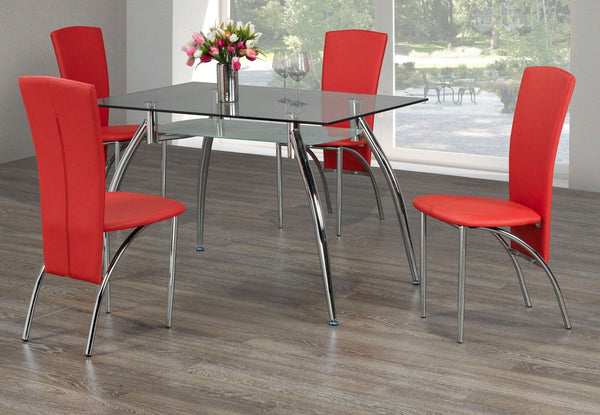 5-Piece Dining Set Tiered Glass table w/chrome legs and 4 Red Chairs