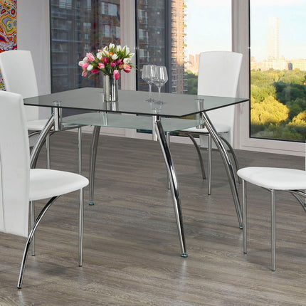 5-Piece Dining Set Tiered Glass table w/chrome legs and 4 White Chairs