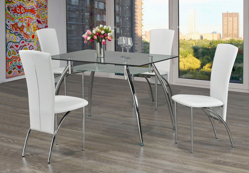 5-Piece Dining Set Tiered Glass table w/chrome legs and 4 White Chairs