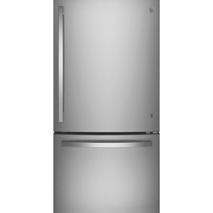 GE® Series 24.9 Cu. Ft. Bottom Freezer Refrigerator-Stainless Steel with LED lighting and sliding snack drawer