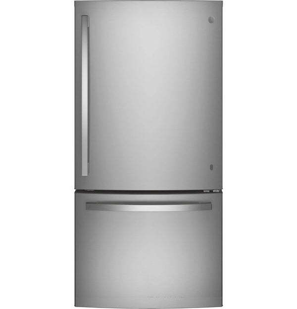 GE® Series 24.9 Cu. Ft. Bottom Freezer Refrigerator-Stainless Steel with LED lighting and sliding snack drawer