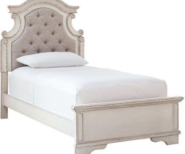 Realyn Chipped White Twin Upholstered Panel Bed – Edmonton Beds